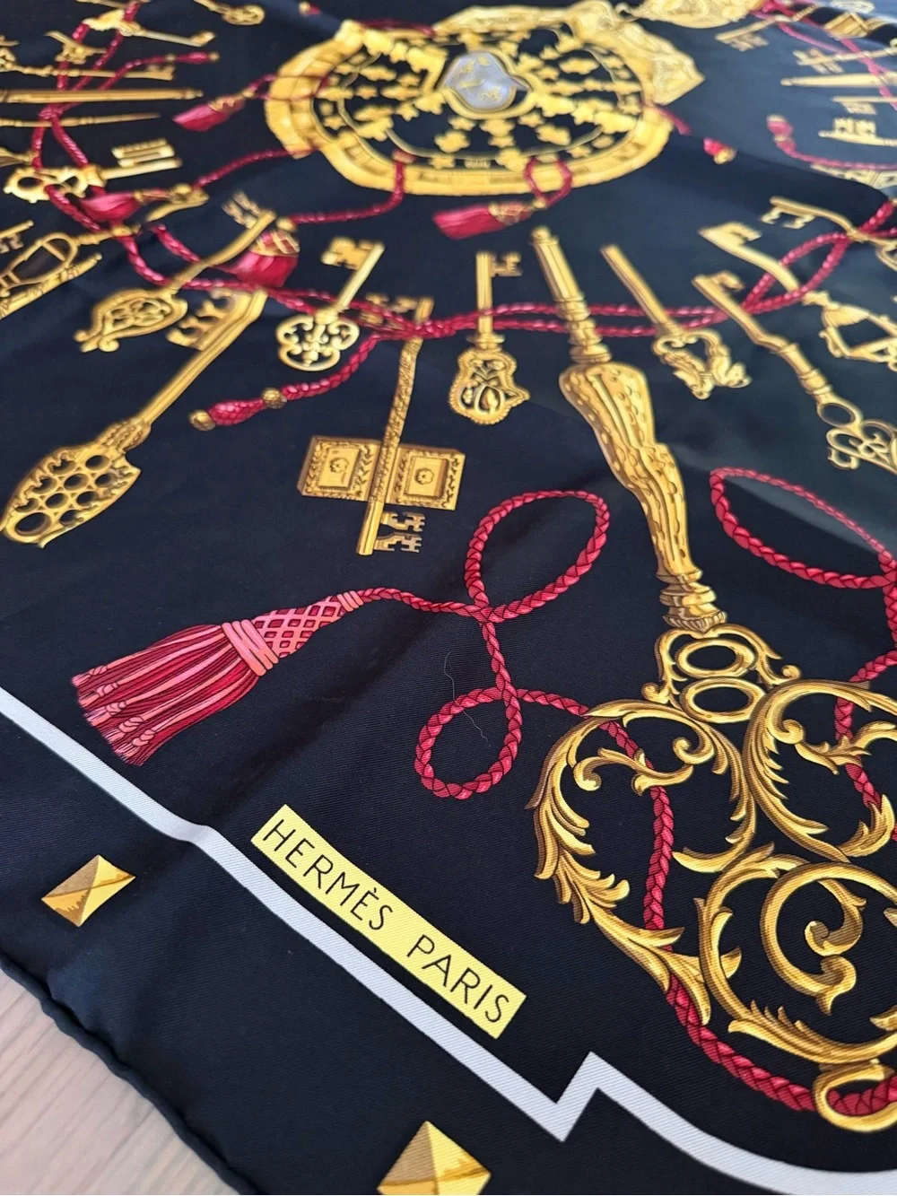 Hermes Scarf 34 in x 34 in Black Gold Red colors